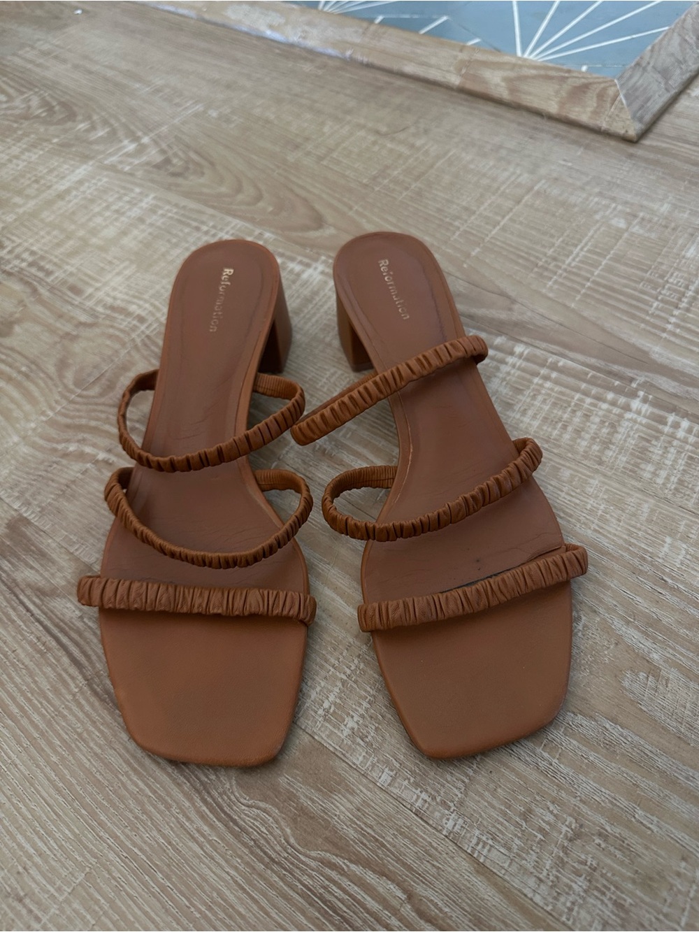 Reformation Ruched Strap Brown Block Heel Sandals - size 8